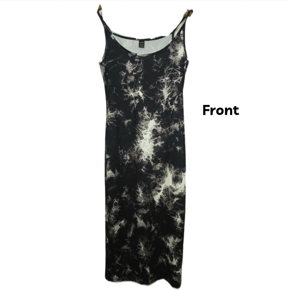 bodycon midi maxi dress size medium in black gray white marbled tie-dye print